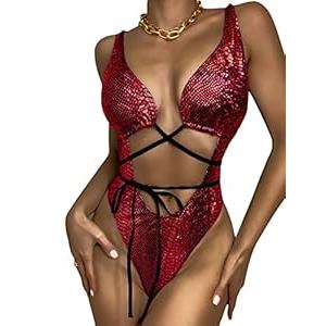 Womens Rave Wear One Piece Bodysuit Snakeskin Print Sexy Leg Rings Swimsuit for Festival Dance Rave Clothing Large