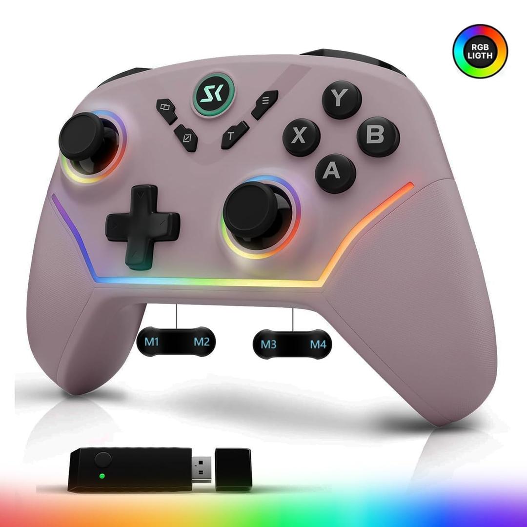 Wireless PC Controller with Hall Effect Joysticks & Triggers, 1000Hz Polling Rate, Trigger Locks, Bluetooth Pro Gaming Controller for PC/Steam/Luna/Tesla - 4 Macros and Turbo, Dynamic RGB, Pink