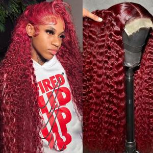 34 Inch Deep Wave Lace Front Wigs Human Hair 5x5 HD Lace Front Human Hair Wigs Pre Plucked Brazilian Curly 99J Burgundy 180 Density Glueless Frontal Wigs For Black Women