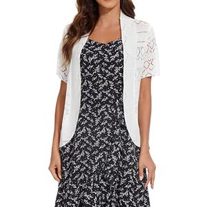 Women's Elegant Short Sleeve Shrug Lightweight Soft Hollow Out Knit Open Front Cardigan, White , S