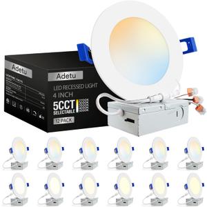 Adetu 12 Pack 4 Inch 5CCT Ultra-Thin LED Recessed Ceiling Light with Junction Box,Dimmable Canless Wafer Downlight,2700K-5000K Selectable,9W Eqv 80W,810LM High Brightness,ETL Certified Adetu 12 Pack 4 Inch 5CCT Ultra-Thin LED Recessed Ceiling Light with Junction Box,Dimmable Canless Wafer Downlight,2700K-5000K Selectable,9W Eqv 80W,810LM High Brightness,ETL Certified