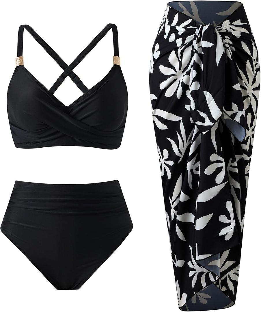 YUNIDMEIM High Waisted Bikini Sets for Women 3 Piece Swimsuits Retro V Neck Cross Back Bathing Suit with Cover Up (Black, M)