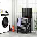 Homykic Bamboo Laundry Hamper with Lid, 120L Large Clothes Laundry Sorter with Removable 2-Section Liner Bag, Raised Laundry Basket Organizer for Clothing, Bathroom, Bedroom, Laundry Room, Black, 17.7" X 17.7" X 25"
