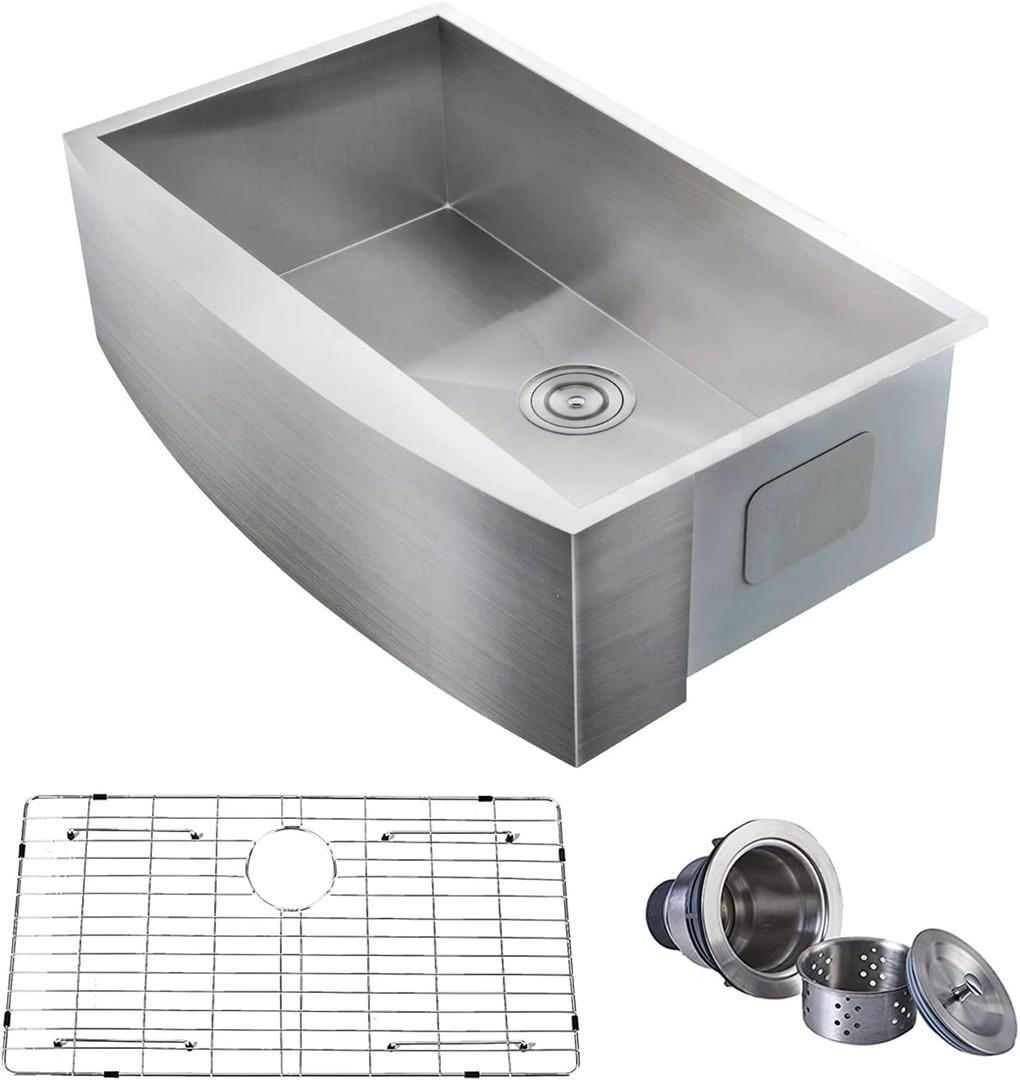 Comllen Commercial 33 Inch 304 Stainless Steel Farmhouse Sink, Single Bowl Kitchen Sinks 16 Gauge 9 Inch Deep Handmade Undermount Farm Apron Front Kitchen Sink (33"x21"x9", Brushed Nickel)