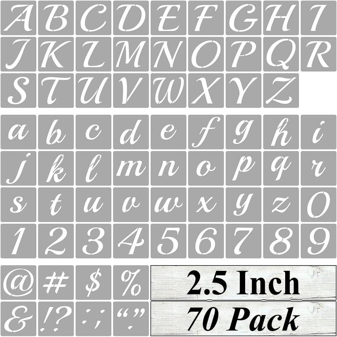 2.5 Inch Alphabet Letter Stencils for Painting - 70 Pack Letter and Number Stencil Templates with Signs for Painting on Wood, Reusable Cursive Letters Stencils for Chalkboard Wood Signs & Wall Art