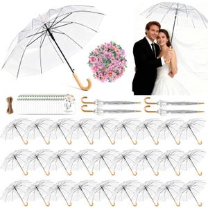 52 & 32 Pack Clear Wedding Umbrellas, Windproof Bulk Umbrellas with Thank You Tags, Large POE Dome, Auto Open-Close, Guest Favors for Weddings, Parties, Photography, Outdoor Events (Wood-Look, White) Size: 36" - 52 Pack