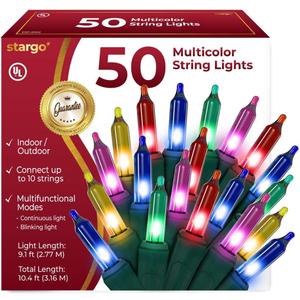 Warm Multi Color Christmas Tree Lights - 9 Ft String of 50 Incandescent Mini Bulbs Multifunctional Lighting Modes, for Decorative, Bedroom, Outdoor, Xmas Twinkle Lights with Green Wire Total 10.4 Ft