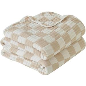 Ultra Soft Cozy 6-Layer Muslin 100% Cotton Checkered Throw Blanket Breathable Lightweight Checkboard Bed Blankets Decorative for Sofa Bed All Seasons Both Sides (Cream, Throw 50"x60")