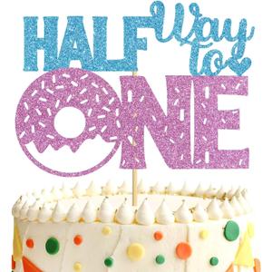 2 x Half Way To One Cake Topper, Doughnut Theme Happy 6 Month/Baby Birthday Cake Decor, Kids Half Year Birthday/Anniversary Party Decorations Supplies