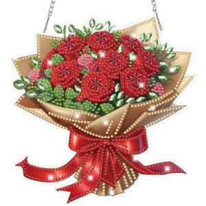 Bowetile Valentine's Day Diamond Art Hanging Kits for Adults, Diamond Art Suncatchers Red Rose Bouquet, 5D Special Shape Diamond Painting Flower Pendant Window Ornament Gifts for Home Door Wall Decor