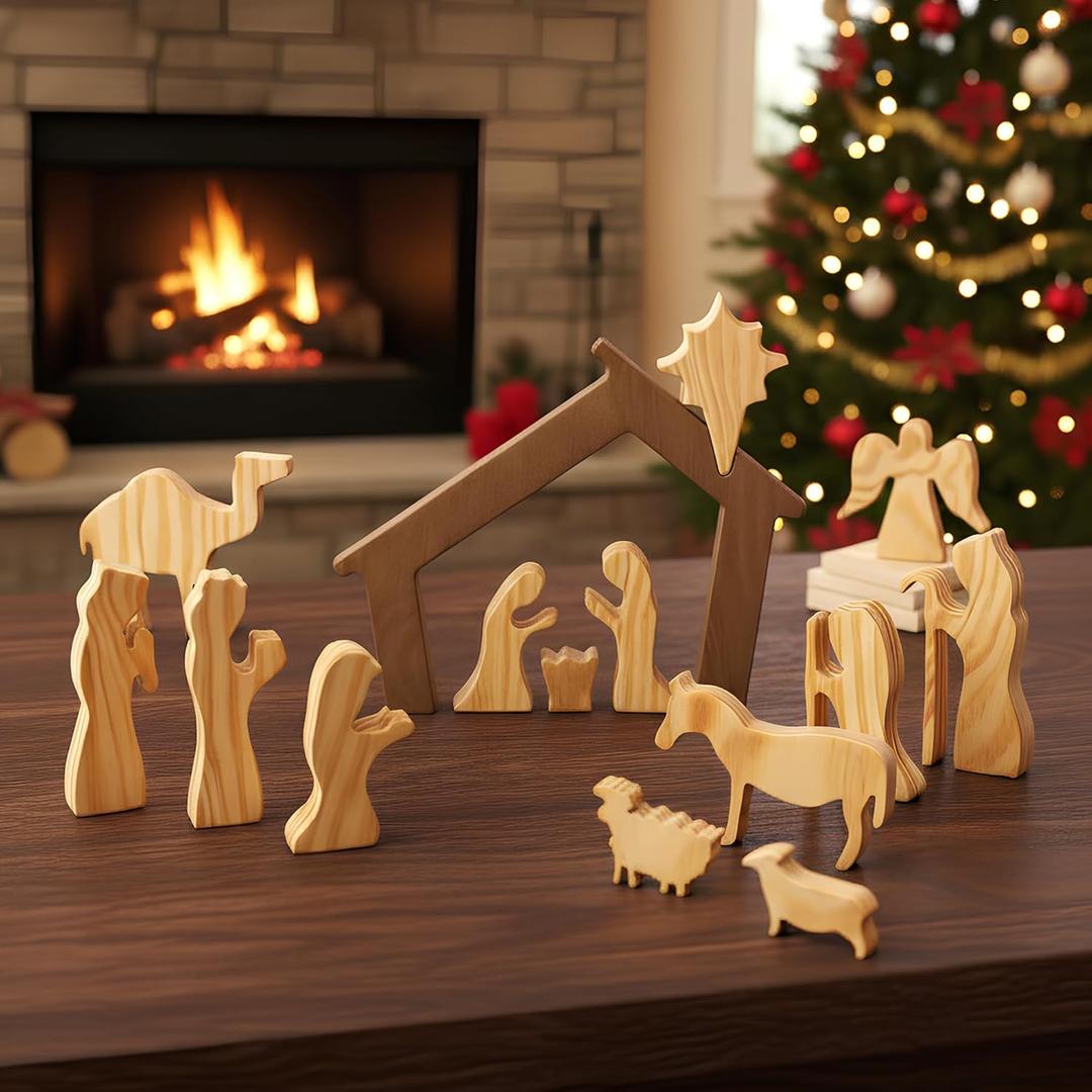 Wooden Nativity Set  Nativity sets & figures | Xmas nativity set  christian christmas decor  Christmas Dcor 2025  Natural Solid Wood Tabletop  Xmas christian set (Risen)