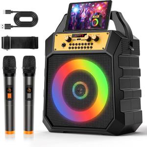 Portable Karaoke Machine for Adults & Kids Coaxial Speaker with 2 Wireless Microphones,Bluetooth PA System with 5 Dynamic LED Lights Mode,Supports TF/SD/USB,AUX,FM,REC for Home Party(171-black)