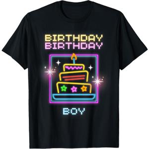 Birthday Boy with Neon Cake T-Shirt (Small, Black)