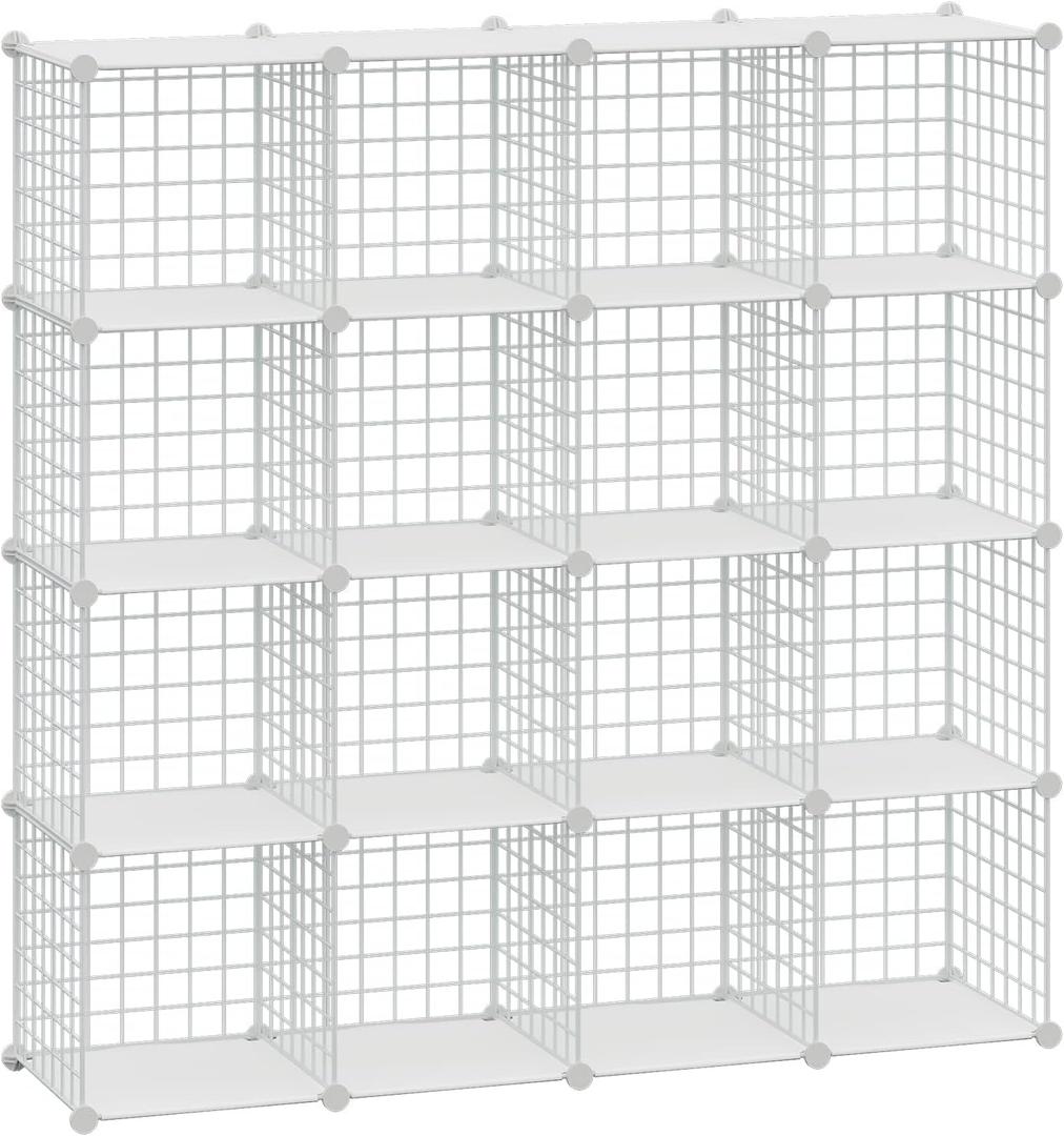 HUBSON Wire Cube Storage Organizer, Book/Toy/Craft/Potted Plants and Pet Closet Organizers, 16-Cube Freely Combinable Metal Grid Storage Shelves, White Plus Iron