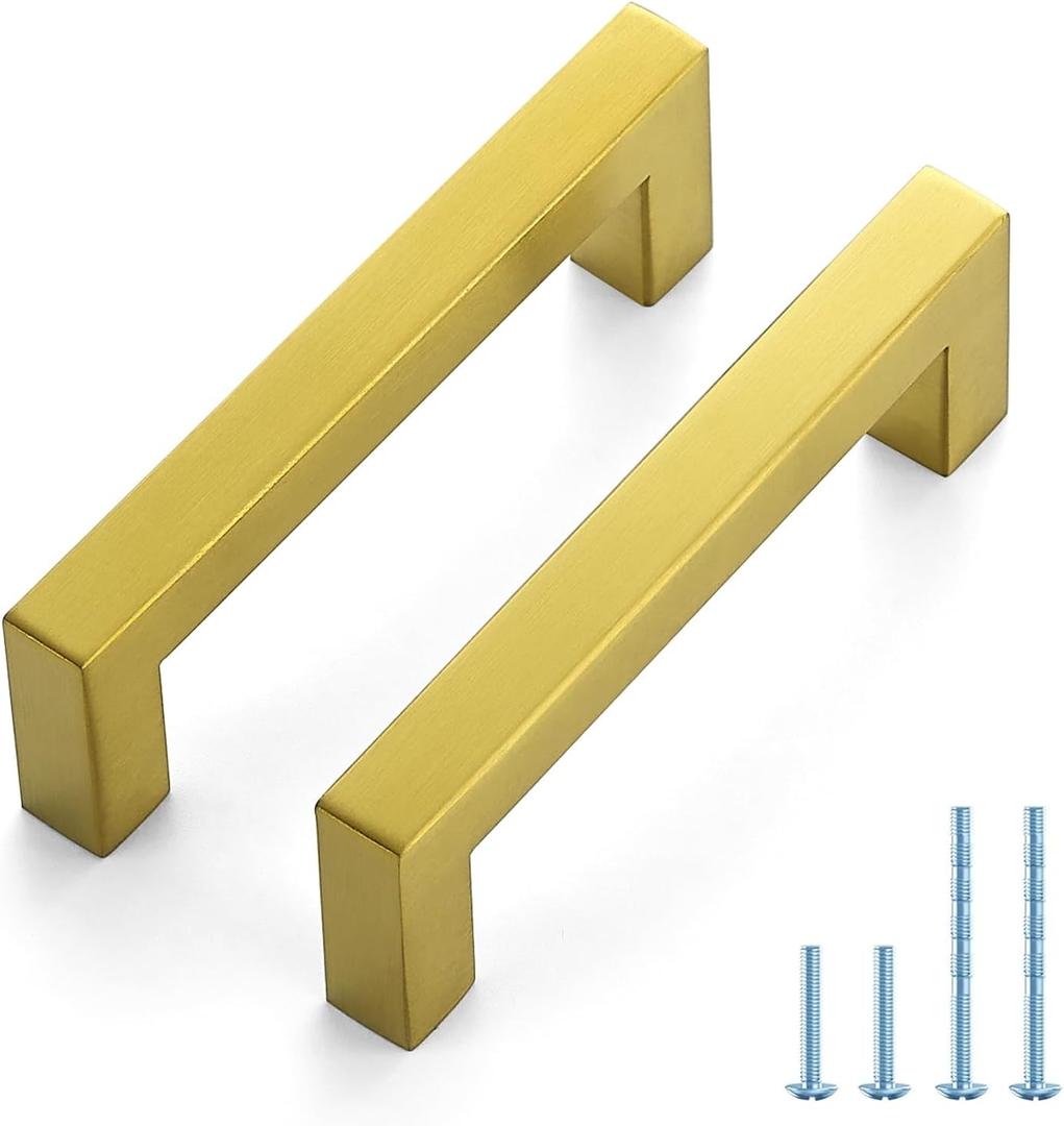 JOY DECOR 50 Pack Cabinet Handles, Gold Cabinet Pulls, 3-3/4 Inch Kitchen Handles Square Drawer Pulls Stainless Steel Drawer Hardware Handles, 96mm Hole Centers