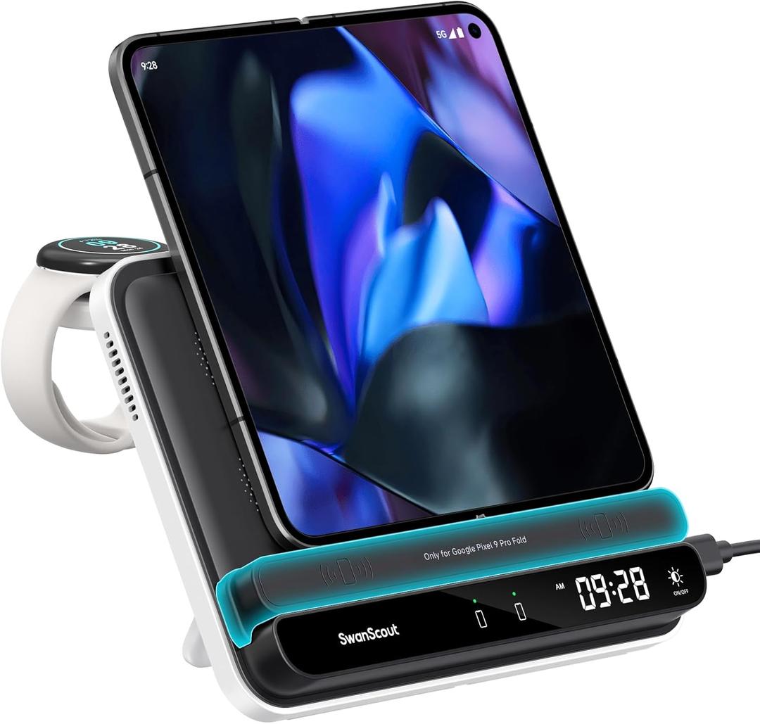 Charging Station for Google Pixel 10 Pro Fold/10 Pro XL/9 Pro Fold/9 Pro, Wireless Charger for Pixel Watch 3/2/Fitbit Versa 4/3/Sense 2 (Not for Pixel Watch 1), for Pixel Buds Pro 2, SwanScout 710FG2