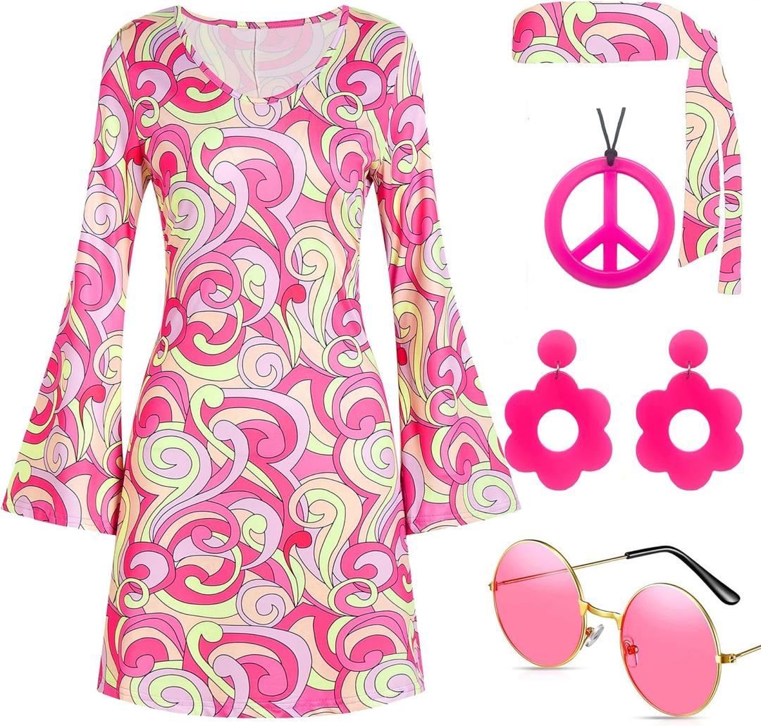 60s 70s Disco Outfit Hippie Costume Women, 1970 Style Clothes Dress Peace Sign Accessories Jewelry Halloween (XX-Large, Pink)
