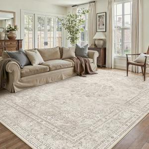 PureCozy Beige 6x9 Area Rug Washable Vintage Carpet for Living Room Bedroom Large Soft Retro Floral Low Pile Thin Indoor Rug Non Slip Central Medallion Floor Cover for Dining Room Office