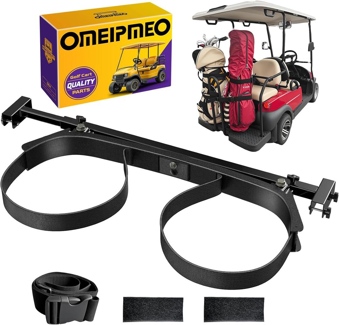 Upgrade Golf Cart Bag Holder Bracket, Adjustable Golf Cart Bag Bracket for 2+2 Rear Seat with 1 Inch Square Tube, No Drilling Golf Bag Holder Attachment for Club Car EZGO Yamaha, Include Nylon Strap