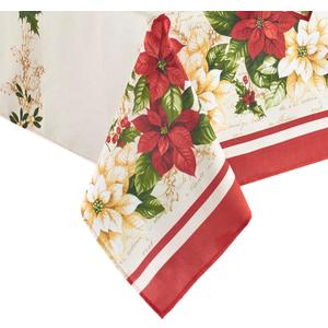 Elrene Home Fashions Red and White Poinsettia Holiday Wrinkle Resistant Fabric Tablecloth, 60" x 144" Rectangle, Multi