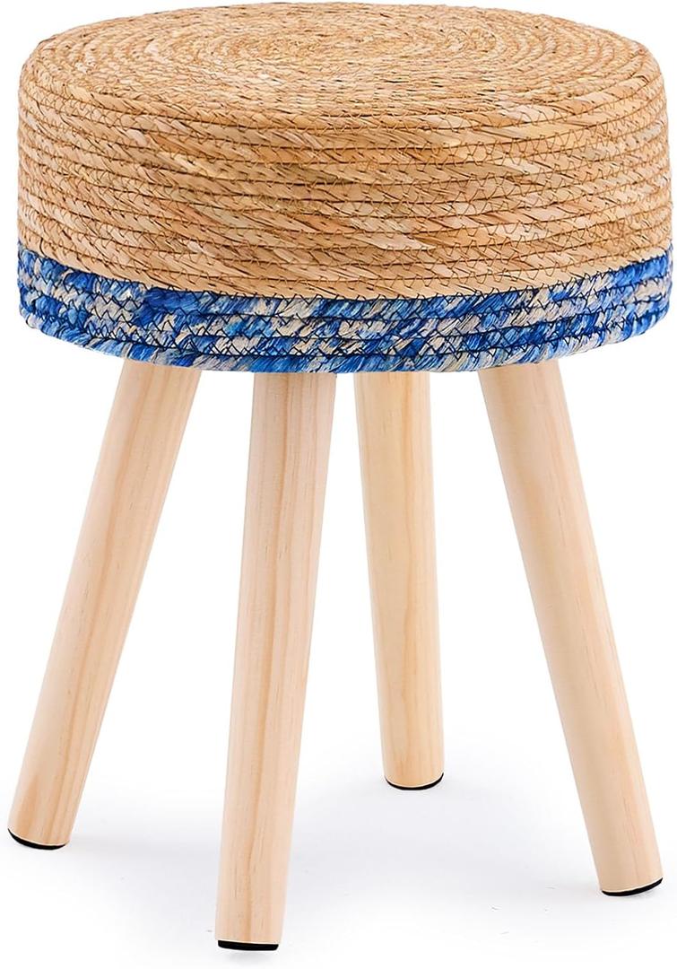 Handwoven Outdoor Ottoman, Water Hyacinth Pouf Round Patio Footstool with Wood Legs, 17-Inch Multipurpose Vanity Stool, Dining Chair, Patio Footrest for Balcony and Garden, Blue (13"D x 13"W x 16.9"H)