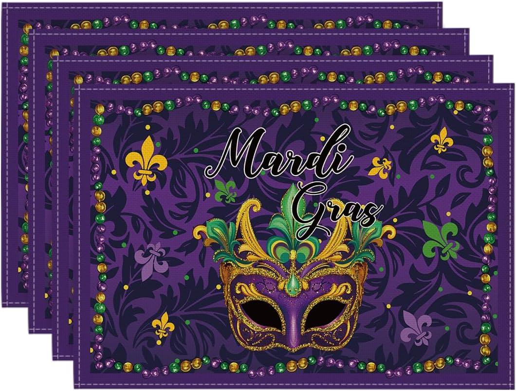 Artoid Mode Purple Mask Beads Mardi Gras Placemats Set of 4, 12x18 Inch Seasonal Carnival Holiday Table Mats for Party Kitchen Dining Decoration