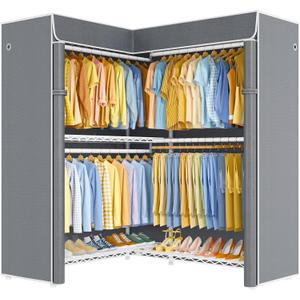 ULIFHOME E15C Pro Garment Rack L Shaped Clothes Rack for Corner，Freestanding Clothing Racks for Hanging Clothes，Heavy Duty Closet System 48.8"W x 15.8"D x 78.4"H，White Rack with Grey Dustproof Cover