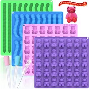 Large Gummy Bear and Worm Mold Silicone, 4 PCS No Stick Chocolate Candy Gummy Molds for Edibles with 2 Droppers & Brush BPA-Free 100 Cavities, Ideal Gift for Kids Adult Halloween Party