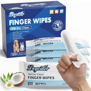 Dog Finger Wipes, 120 Count Ear Cleaner for Dogs Cats Bathing Wipes, Pet Dental Clean Finger Wipes, Natural Puppy Eye Wipes | Soothes Itchy Dry Skin, Coconut Scent Dog Ear Infection Treatment, Exp Date: 20/02/2027