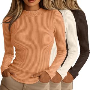 Riyiper 3 Pack Women's Ribbed Shirts, Mock Turtleneck Long Sleeve Tops Slim Fitted Undershirts Casual Basic Layering Tees (Large, Tangerine, Almond Milk Color, Dark Brown)