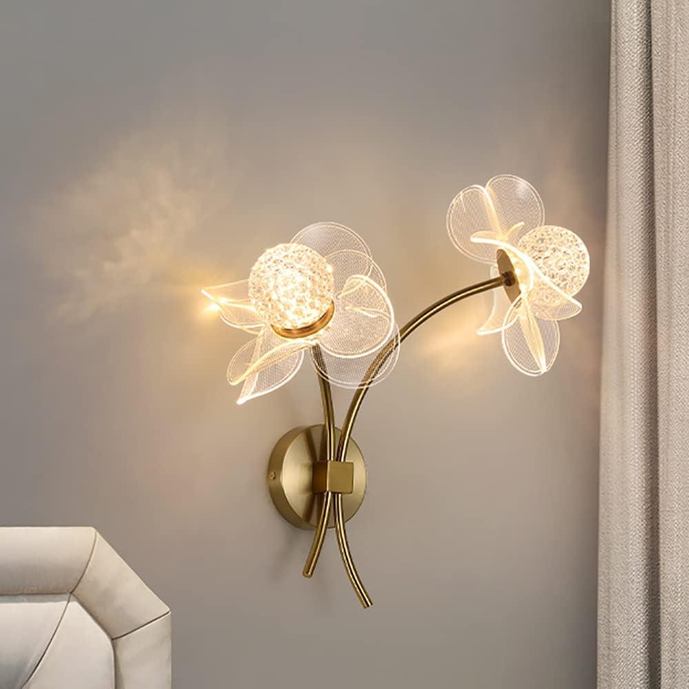 Flower Shaped Wall Sconce, LED Elegant Wall Light, Dimmable Gold Wall Mount Lamp for Mirror, Bedroom, Hallway (2 Light)