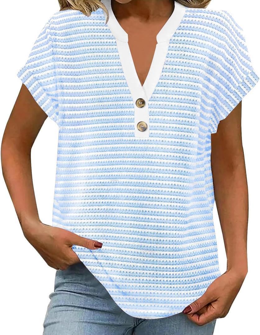 Womens Striped Henley Summer Tops V Neck Button Dressy Casual T Shirts Blouses 2026 Trendy Clothes (XL)