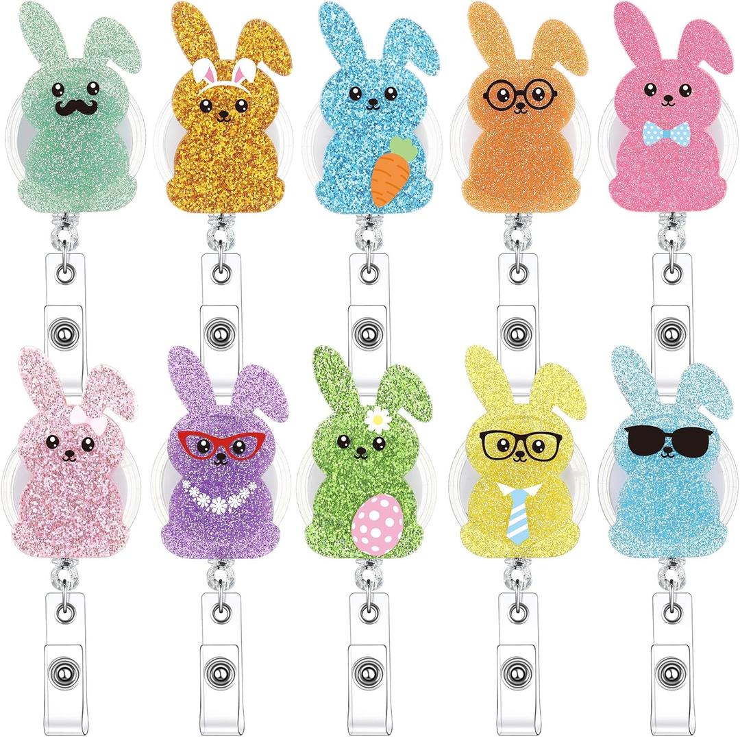 Kenning 10 Pcs Easter Bunny Style Badge Reels with Alligator Clip Glitter Bunny Style Badge Holder Retractable Pastel Rabbit Acrylic ID Clips Nursing Gift for Easter Nurse Employee Gift