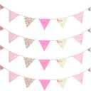Zwiebeco 32Ft Pink Floral Fabric Bunting Triangle Flags Cotton Flower Pennant Banner Decoration for Birthday Wedding Engagement Baby Shower Tea Party Spring Rustic Village Home Garden Decor