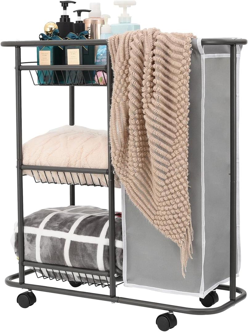Rolling Laundry Cart with Wheels, 3-Tier Laundry Caddy Between Washer and Dryer, Heavy Duty Rolling Laundry Basket with 45L Bag for Narrow Space Laundry Room, Bathroom, Bedroom, Gray (Grey)