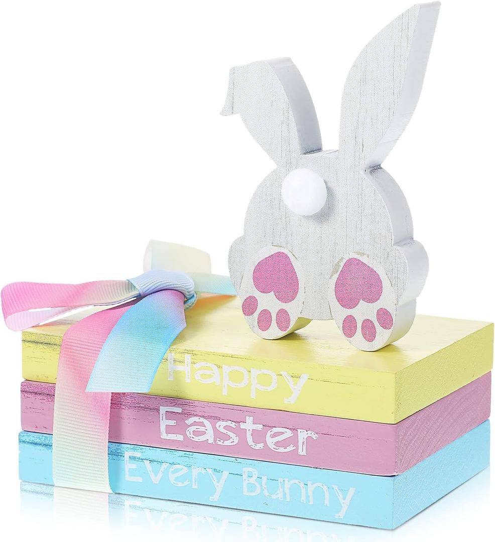 Ferraycle 4 Pcs Easter Table Decorations Bunny Tail Tiered Tray Decor Happy Easter Centerpiece Farmhouse Wooden Block Signs Decorative Book Spring Decorations for Kitchen Home Shelf Office