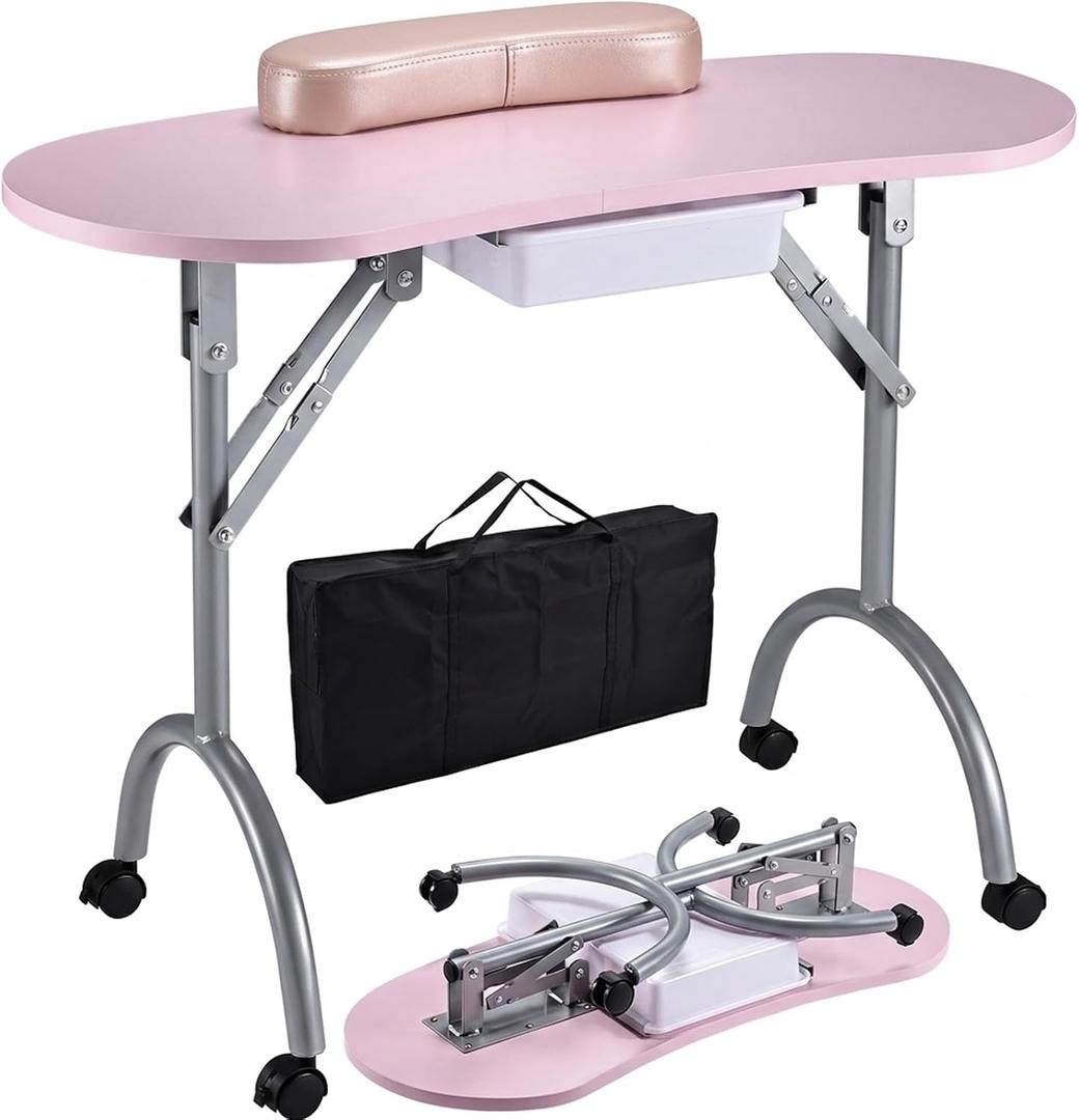 Joligrace Professional Foldable & Portable Manicure Table Nail Technician Desk Workstation 4 Lockable Wheels with Drawer Client Wrist Pad Free Carrying Bag Travel Nail Tech Spa Beauty Table Pink, 40 cm x 90 cm x 68 cm