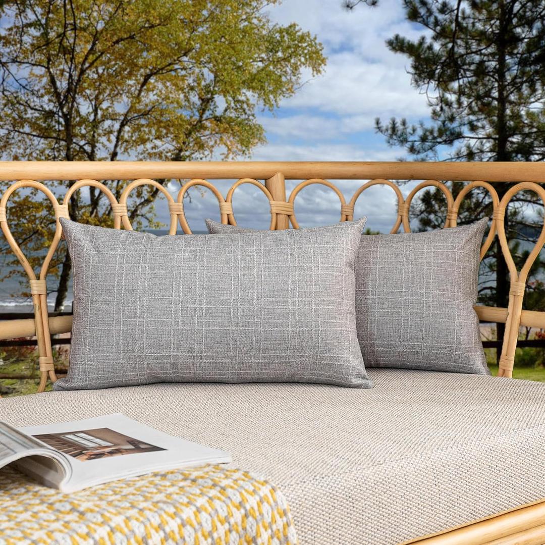 Kevin Textile Pack of 2 Outdoor Waterproof Throw Pillow Covers Decorative Square Outdoor Checkered Pillows Cushion Case Patio Pillows for Couch 12x20 inches 30x50 cm Grey (Gray)