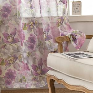 Floral Sheer Curtains 84 Inches Long Purple Flower Printed French Country Semi Sheer Curtain for Girls Bedroom Living Room Linen Look Blossom Patterned Rod Pocket Voile Drapes 2 Panels
