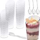 Open Cut Slanted Round Dessert Cups - 3 ounce - 40 Count - Spoons Included - Clear Plastic - Slanted Cylinder Mini Dessert Cup - Appetizer Cup - Tasting Glass-Sample Shot Glass -Disposable or Reusable