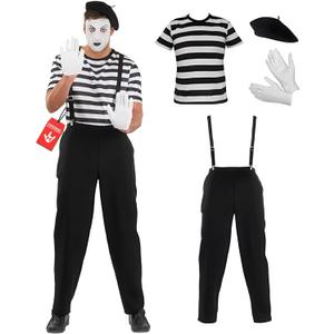 fun shack Mime Costume Men, Mens Mime Costume, Adult Mime Costume, French Mime Costume, Mime Halloween Costume (Medium, Black)