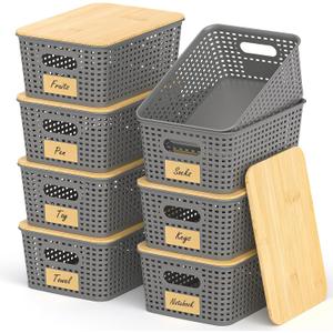 Stackable Storage Basket: Plastic Baskets Bins, Baskets for Organizing, Pantry Decorative Containers for Closets, Cabinets, Shelves(8 Pack, Grey)