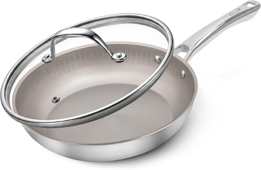Titanium Frying Pan with Lid - 10.25" No Coating PFAS-Free Skillet, Tri-Ply Titanium & Stainless Steel, Induction & Dishwasher Safe