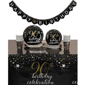 Sparkle and Bash 90th Birthday Party Supplies and Decorations for 24 Guests, Black and Gold Plates, Napkins, Cups, Tablecloths, Banner - Plate Napkin Party Supply