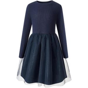Little Bitty Girls Long Sleeve A-Line Tulle Princess Dress, Midi Length Casual Party Ribbed Knit Top Tulle Skirt 4-13 Years (6-7 Years)