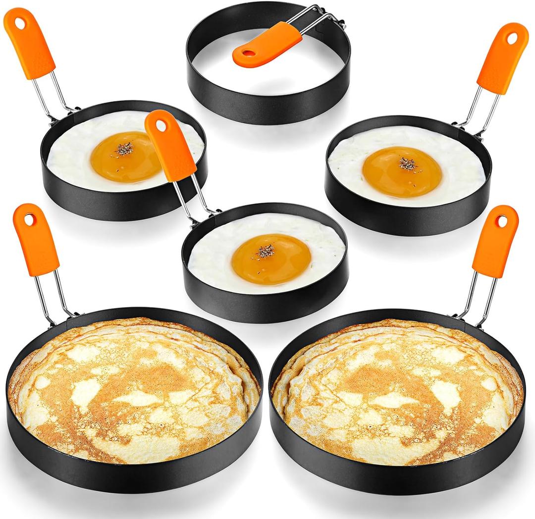 Patelai 6 Pcs Professional Egg Ring Pancake Ring Set Stainless Steel Fried Egg Molds Griddle Pancake Shapers with Orange Silicone Handle for Breakfast Omelette Sandwich(4, 6 Inch)