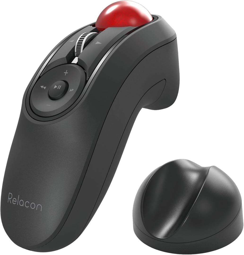 ELECOM Relacon Handheld Trackball Pointer, Ergonomic Thumb Mouse for Right or Left Hand, Bluetooth, 10 Buttons for TV, Presentation, Game, PC & MAC (Black/Red Ball)