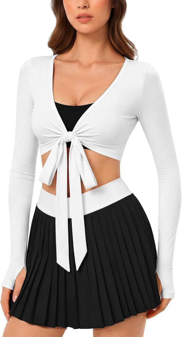 Pilates Wrap Top for Women: Long Sleeve Cropped Tie Front Back V Neck, Secure Fit Ballet Top for Yoga Dance Workout M