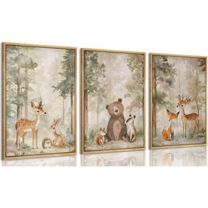 Framed Woodland Animal Nursery Canvas wall art Wild Animals Forest Paintings Pictures Wall Decor Fox Bear Deer Watercolor Poster Print