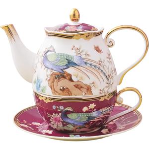 ACMLIFE Bone China Tea Set For One Teapot And Cup Set, Vintage Floral Tea Cup Set With Teapot and Saucer Set 12 Oz Bone China Teapot For One Set Red And White Gift Giving For Women (Fuchsia)